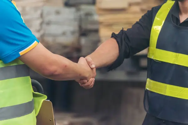 Close Warehouse Worker Shakehand Together Engineer Man Hands Partnership Diversity — Stock Photo, Image