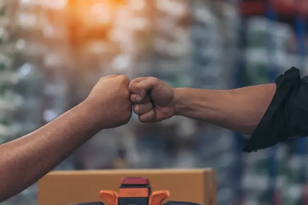 Diversity Teamwork Warehouse Worker Fist Bump Together Trust Partner Engineer — Stock Photo, Image
