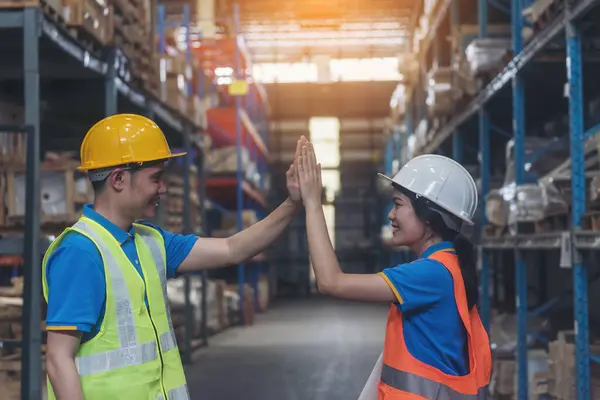 Engineer Teamwork Warehouse Worker High Five Together Engineer Man Hands — Stock Photo, Image