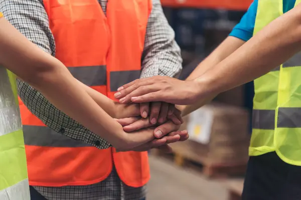 Diversity Teamwork Hands Stack Together Trust Partner Warehouse Worker Fist — Stock Photo, Image