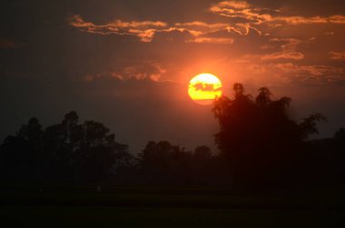 Manzarası dramatik güzel gün batımı gökyüzü. Doğal Günbatımı Karanlık Diyar 'ın gölgesinde. Kırsal kesimde gün batımında, şafakta, gün doğumunda canlı, dramatik bir gökyüzü. Gün batımında manzara Renkli Gökyüzü