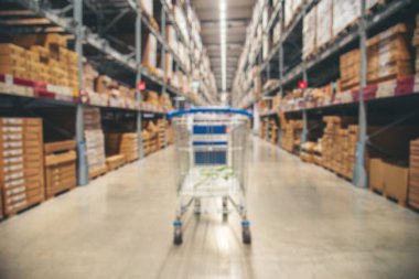 Deponun arka planındaki envanter rafında nakliye konteynırı koridoru var. Eşyalar karton kutu paleti satar. Çelik rafta ticari ambalaj. Depo envanterindeki koridor