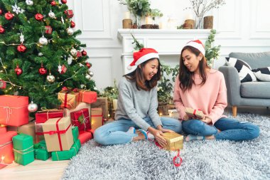 Noel ağacı süslemesi yapan iki kadın kardeş. Kırmızı top, takı, kar tanesi. Kırmızı topu tutan elleri kapatın. Mücevher süsleme. Asyalı kadın arkadaşlar, dekorasyon balosu, Noel ağacı, Noel tatili.