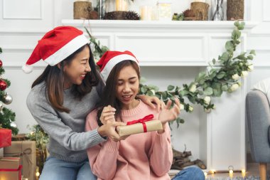 Noel ağacı süslemesi yapan iki kadın kardeş. Kırmızı top, takı, kar tanesi. Kırmızı topu tutan elleri kapatın. Mücevher süsleme. Asyalı kadın arkadaşlar, dekorasyon balosu, Noel ağacı, Noel tatili.