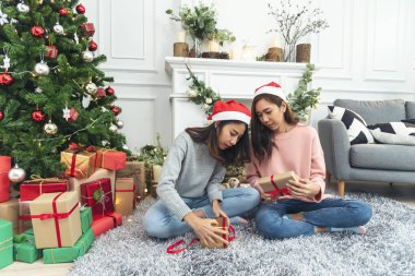 Noel ağacı süslemesi yapan iki kadın kardeş. Kırmızı top, takı, kar tanesi. Kırmızı topu tutan elleri kapatın. Mücevher süsleme. Asyalı kadın arkadaşlar, dekorasyon balosu, Noel ağacı, Noel tatili.