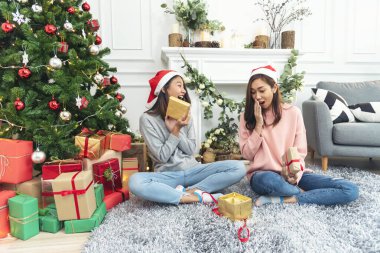 Noel ağacı süslemesi yapan iki kadın kardeş. Kırmızı top, takı, kar tanesi. Kırmızı topu tutan elleri kapatın. Mücevher süsleme. Asyalı kadın arkadaşlar, dekorasyon balosu, Noel ağacı, Noel tatili.