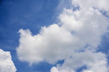 Mavi gökyüzü, yaz mevsiminde kabarık beyaz bulutlar güzel bulutlu açık gökyüzü. Panorama mavi gökyüzü bulutları gün ışığında fotokopi uzayıyla desenli. Kümülüs bulutlu hava güneşli bir gün.