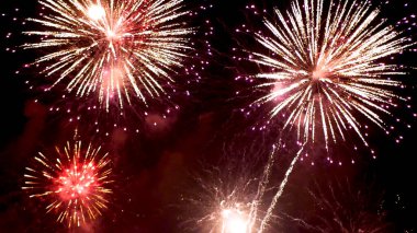 Red Firework, yeni yıl dönümünü kutluyor. 4 Temmuz bayram festivali 2024. Gece vakti kırmızı havai fişekler ulusal bayramı kutluyor. Yeni yıla geri sayım 2025 festival parti zamanı etkinliği