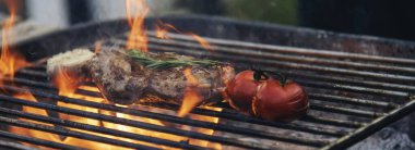 Banner BBQ Barbekü ızgara et çubuğu ateşte kızartılıyor, dışarıda kömür pişiriliyor. Banner Beef ızgara piknik pirzolası domuz pastırması Amerikan mutfağı. Izgara domuz eti, bbq raf alevi ve fotokopi alanı