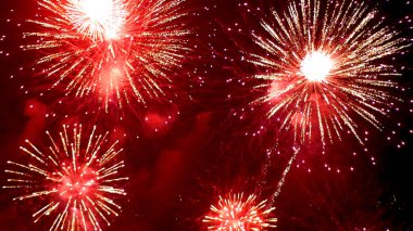Red Firework, yeni yıl dönümünü kutluyor. 4 Temmuz bayram festivali 2024. Gece vakti kırmızı havai fişekler ulusal bayramı kutluyor. Yeni yıla geri sayım 2025 festival parti zamanı etkinliği