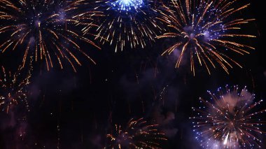 Mor Havai fişekler yıldönümünü kutluyor. Mutlu yıllar 2024, 4 Temmuz bayram festivali. Gece vakti mor havai fişekler ulusal bayramı kutluyor. 2024 Yeni Yıl Festivali için Violet havai fişek geri sayımı