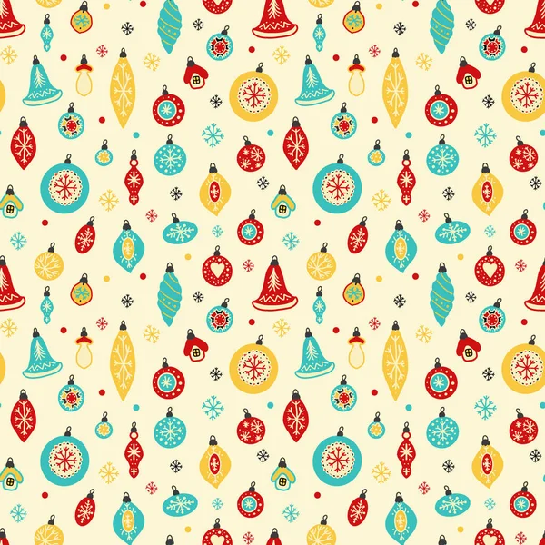 A bright pattern with decorations for the Christmas tree: bells and balls of various shapes. Suitable for wrapping patterns, backgrounds, banners.