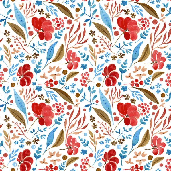 Vector floral pattern on a transparent background. Red, blue and brown elements. Fantasy flowers, twigs, leaves.