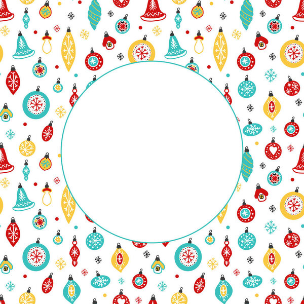Bright Christmas background with blank center. Round shape for greeting phrase. Multicolored Christmas decorations.