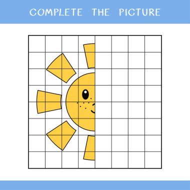 Resmi tamamla. Çocuklar için basit bir eğitim oyunu. Boyama kitabı için şirin Güneş 'in vektör illüstrasyonu
