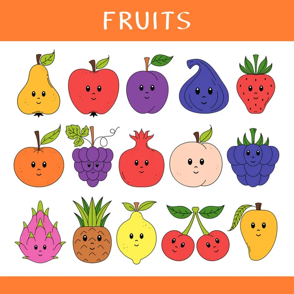 Conjunto Frutas Bagas Desenhos Animados Bonitos Para Crianças Colecção Vetorial — Vetor de Stock