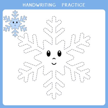 Handwriting practice sheet. Simple educational game for kids. Vector illustration of cute snowflake for coloring book