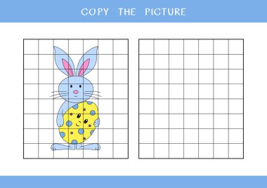 Copy the picture of cute Easter bunny with egg. Simple educational game for kids. Vector worksheet