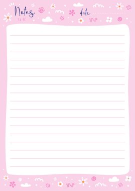 Vector illustration of note page with lines and flowers on pink background. Cute spring every day sheet for women or girls