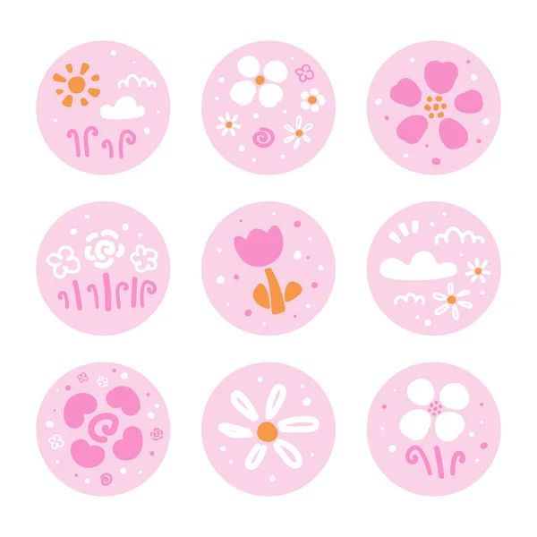 Stickers Vectoriels Printemps Été Ronds Avec Fleurs Soleil Nuages Dessinés — Image vectorielle
