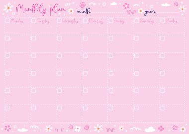 Vector illustration of page for monthly plan with spring pattern on pink background. Cute planner for women or girls