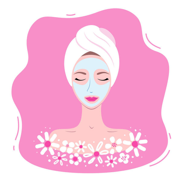Vector illustration of young woman applying mask and relaxing in flat style. Home care for face skin