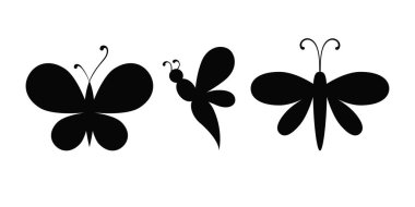Set of vector black silhouettes of stylized bee, butterfly and moth on white background
