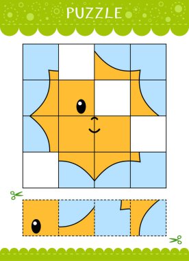 Çocuklar için bulmaca. Kes ve yapıştır. Resmin kayıp parçalarını bul. Basit eğitim oyununun vektör çalışma tablosu