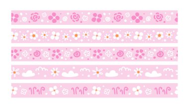 Vector seamless patterns set. Ribbons with flowers, clouds and plants in hand drawn style on pink background