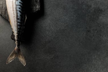 Pürüzsüz siyah bir kesme tahtasının üzerinde koyu bir arka planda füme uskumrunun göz kamaştırıcı görüntüsü. Yemek meraklıları ve menü tasarımcıları için mükemmel. Bu resim gurme deniz ürünlerinin cazibesini yakalar.