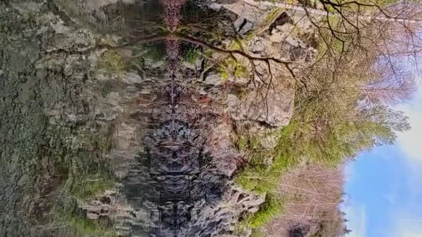 Jezioro Czystą Wodą Kamiennym Brzegiem Lasu Drzewami Tle Dziennego Nieba — Wideo stockowe