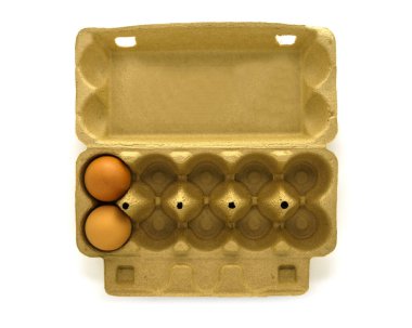 open yellow box of eggs with two brown eggs isolated on white background, top view