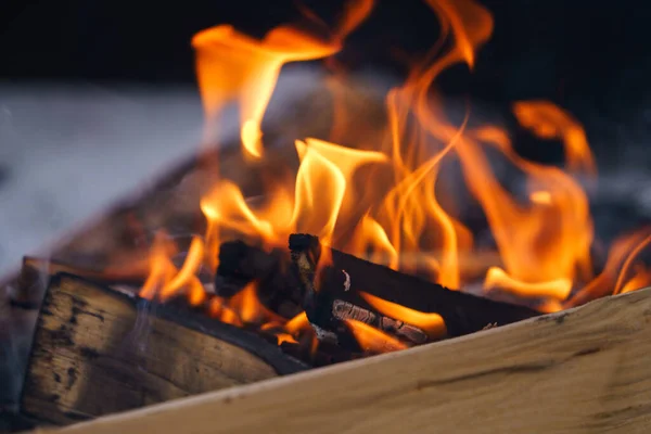 stock image Outdoors campfire in winter, close up.