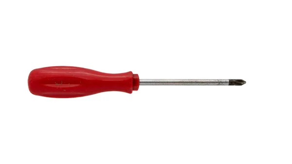 Gebrauchter Schraubenzieher Mit Rotem Griff Und Magnetischer Spitze Isoliert Auf — Stockfoto
