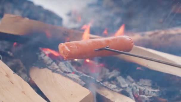 在篝火上的一根棍子上烤着香肠 与雪花密闭在一起 — 图库视频影像