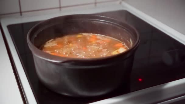 Tradycyjna Fińska Zupa Mięsna Gotująca Się Garnku Kuchence Elektrycznej — Wideo stockowe