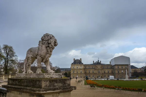 Estátua Leão Com Vista Para Palácio Luxemburgo Luxembourg Gardens Paris — Fotografia de Stock