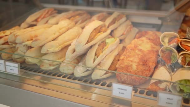 Wystawa Piekarni Paryżu Francja Kanapki Okłady Chleb — Wideo stockowe