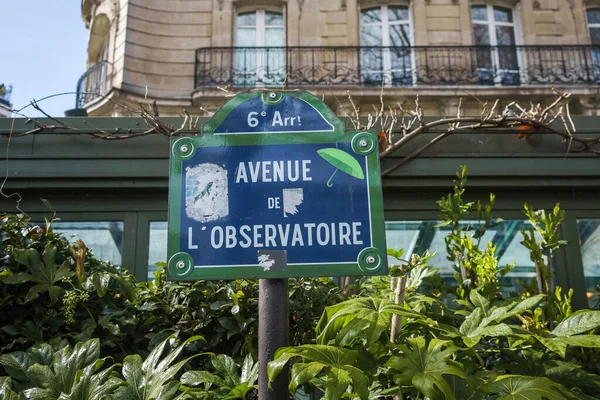 Avenue Observatoire Sinal Rua Entre Folhas Verdes Paris França — Fotografia de Stock