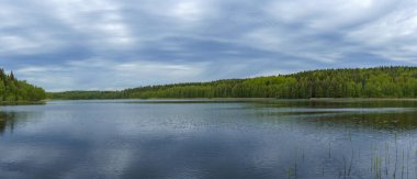 Finlandiya, Lahti 'de bulutlu bir yaz gününde Merrasjarvi' nin güzel panoramik manzarası.
