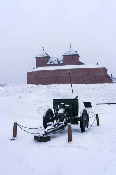 Замок Хам Замок Тавастіа Сніжний День Взимку Гарматою Військового Музею Ліцензійні Стокові Зображення