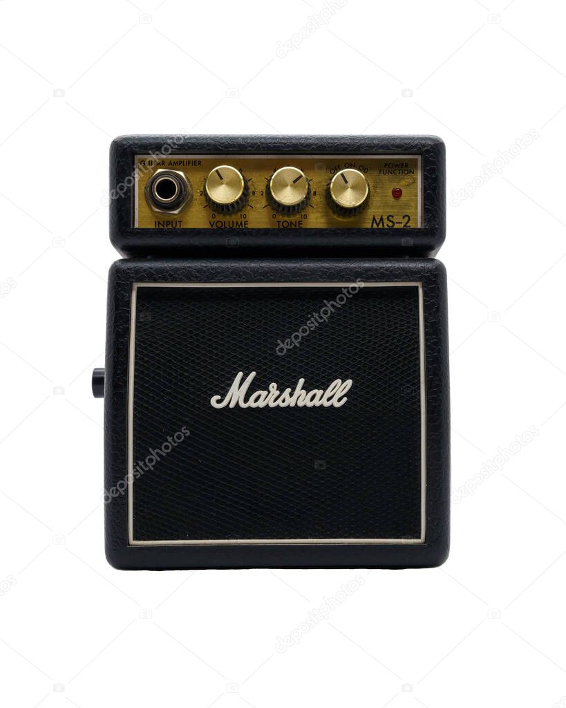 Marshall MS-2, battery powered micro amp for guitar. Isolated on white background.