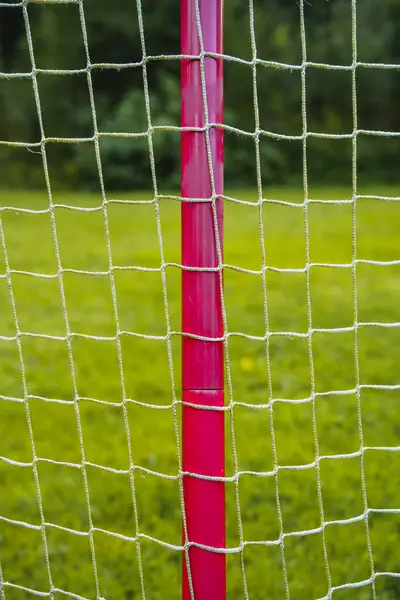 Goal Net Red Pole Close Green Grass Background — Stock Photo, Image