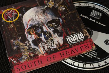 Slayer - South of Heaven (1988) stüdyo albümü, CD ve kapak resmi. Lahti, Finlandiya. 10 Ekim 2023.