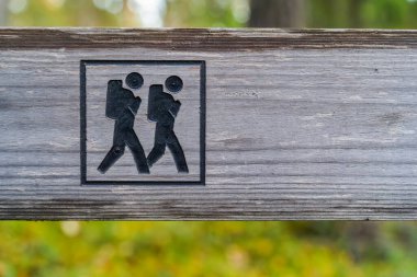Yazın ahşap yürüyüş yolu tabelası, odak dışı arkaplan.