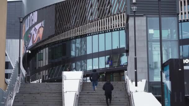 Nokia Arena Tampere Finland Tijdens Winter Naar Boven Kantelende Cameraopname — Stockvideo