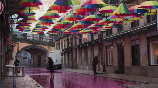 葡萄牙里斯本的粉红街道Calle Rosa Lisboa在早上被清理 2024年2月2日 — 图库视频影像