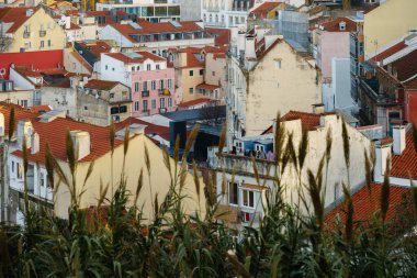Lizbon, Portekiz 'de Yüksek Bir Noktadan Görülen Yerleşim Yerleşim Çatıları. 1 Şubat 2024.