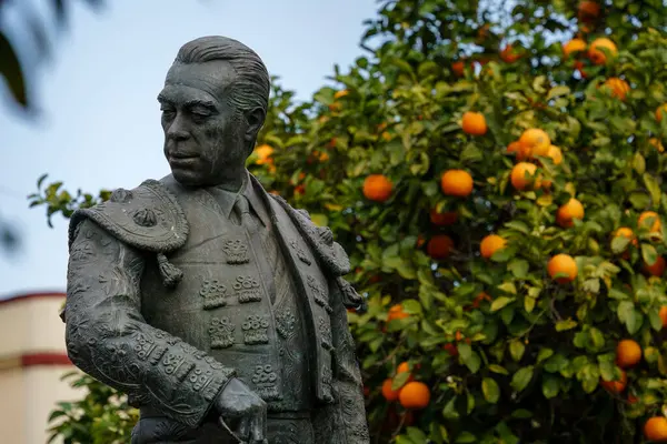 stock image Seville, Spain. February 7, 2024 - Close-up of the Curro Romero Statue with orange trees in the background