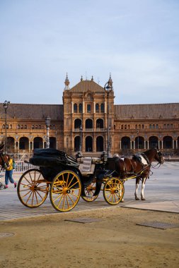 Sevilla, İspanya. 5 Şubat 2024 - Plaza de Espana 'da at arabası